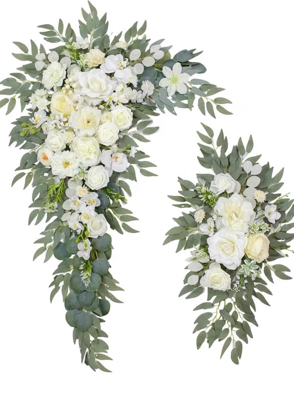 Elegant White Rose and Eucalyptus Cascading Floral Set - Home Accents (Pack of 2